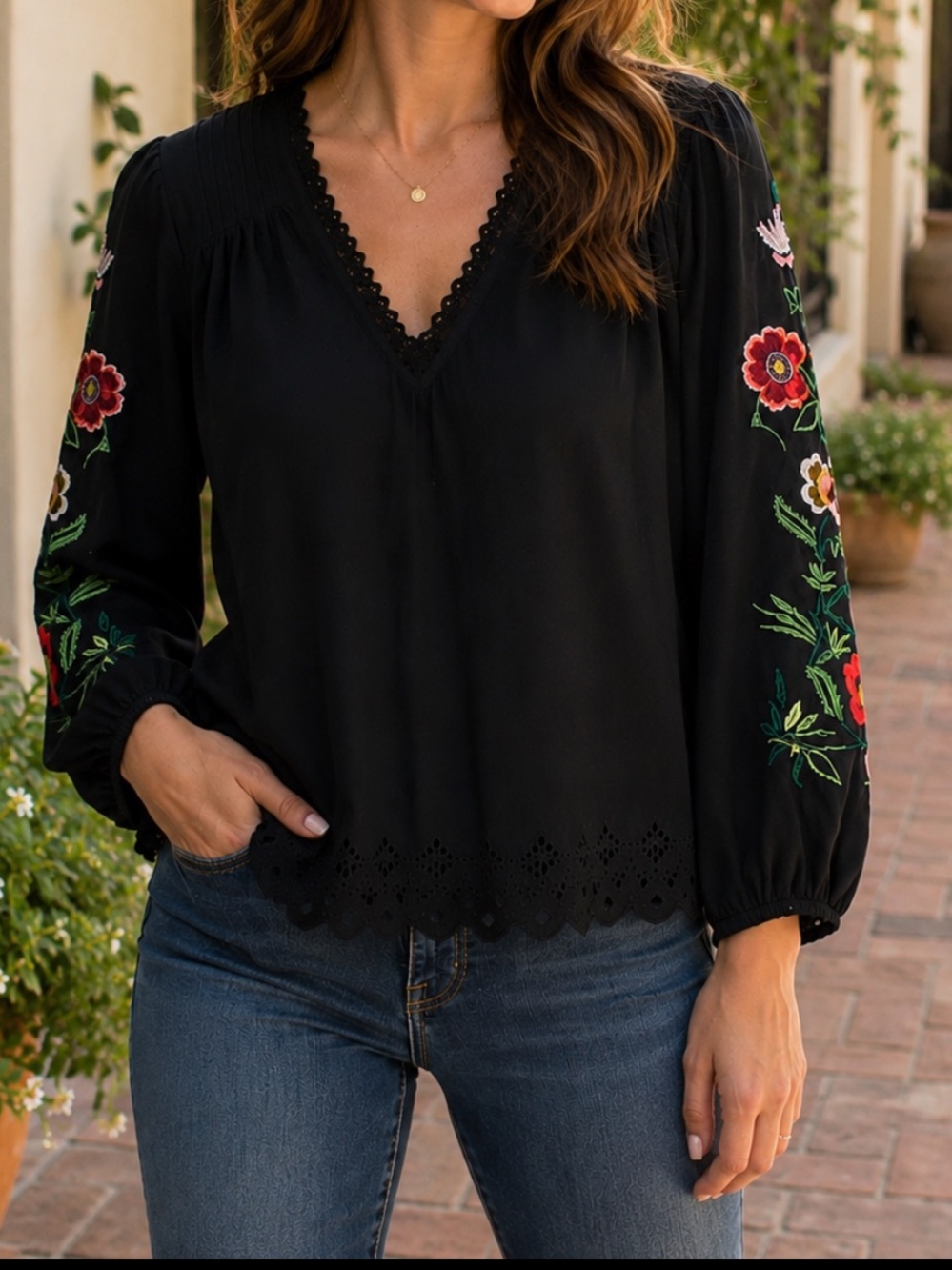 Anthropologie Black V-Neck Peasant Blouse with Floral Sleeve Embroidery